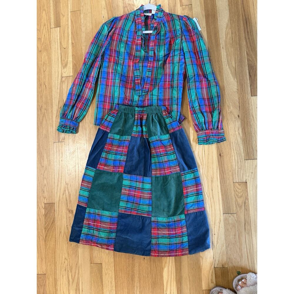VTG 70’s Patchwork Plaid Christmas Midi Skirt Blouse Matching Set S preppy